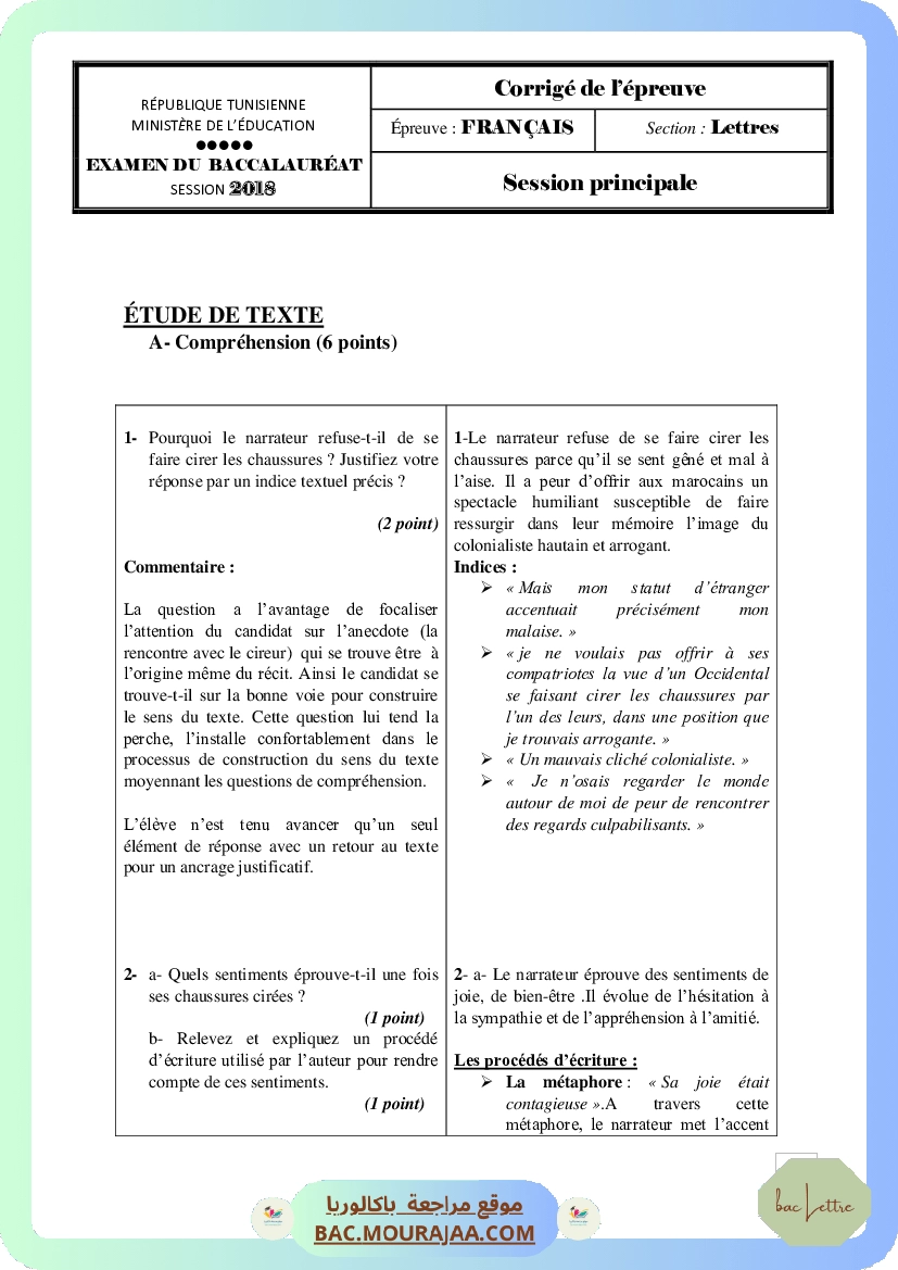 Corrigé principale francais Bac 2018 – Section lettre